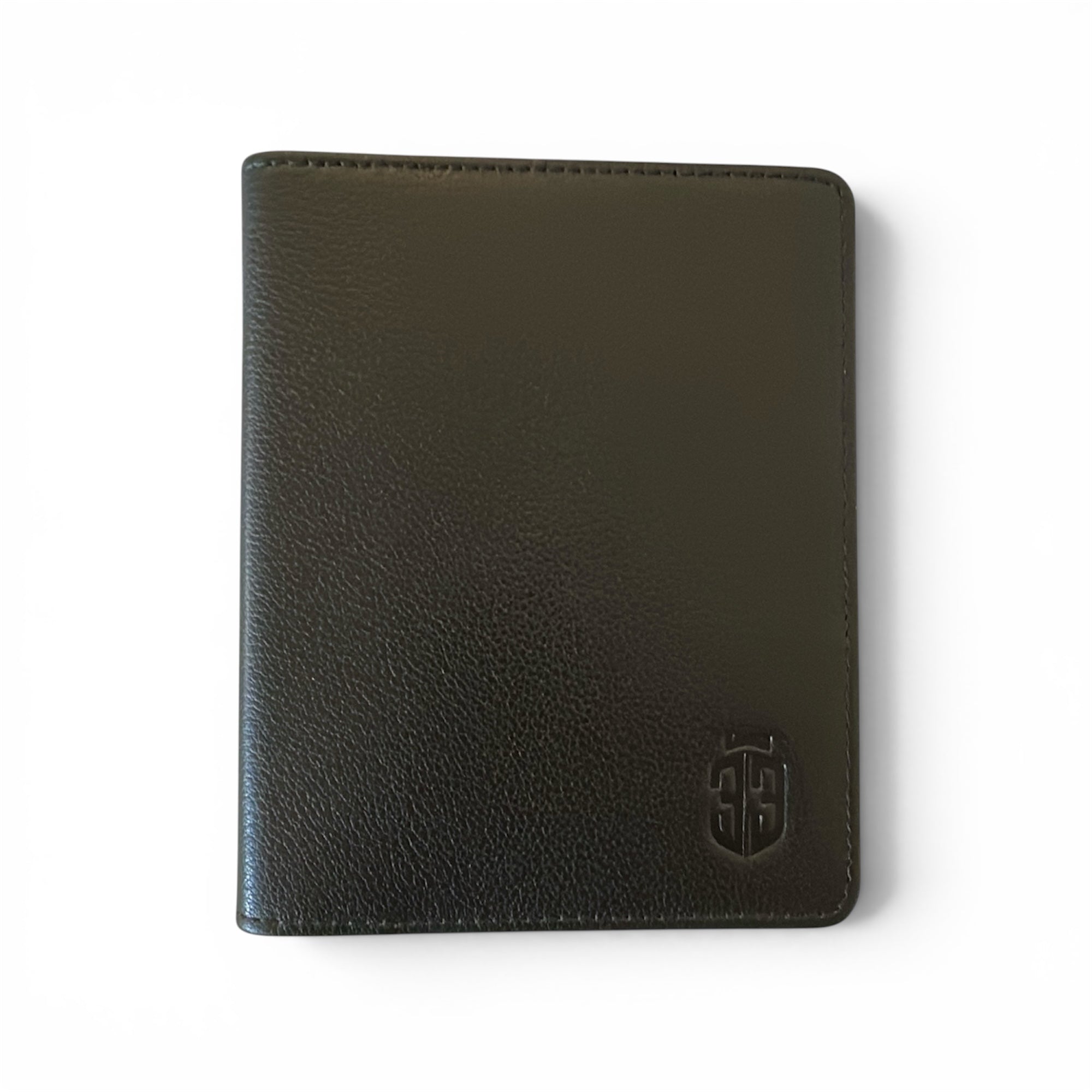 A black genuine textured leather timebook cover with a debossed shield logo in the bottom right corner, shown on a plain white background.