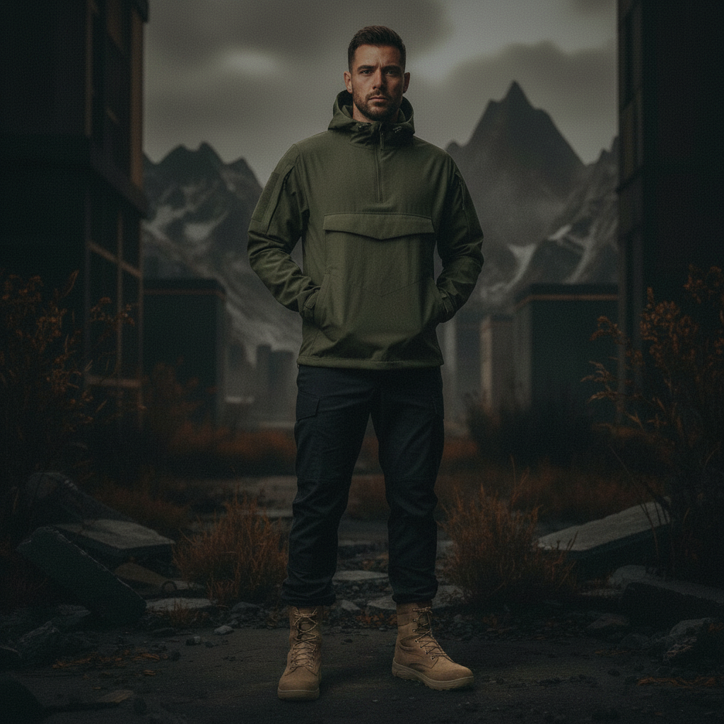 U33 Tac Anorak worn with black pants and U33 Overseer Mid sneakerboot